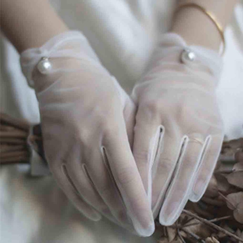 Olbye Bridal Wedding Gloves Full Fingers White Bridal Gloves For Bride and Bridesmaids Pearl Sheer Tulle Short Gloves Proms Costume Occasion Gloves - Image 2